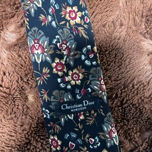 Dior Black Floral Silk Tie with Red and Gold Accents